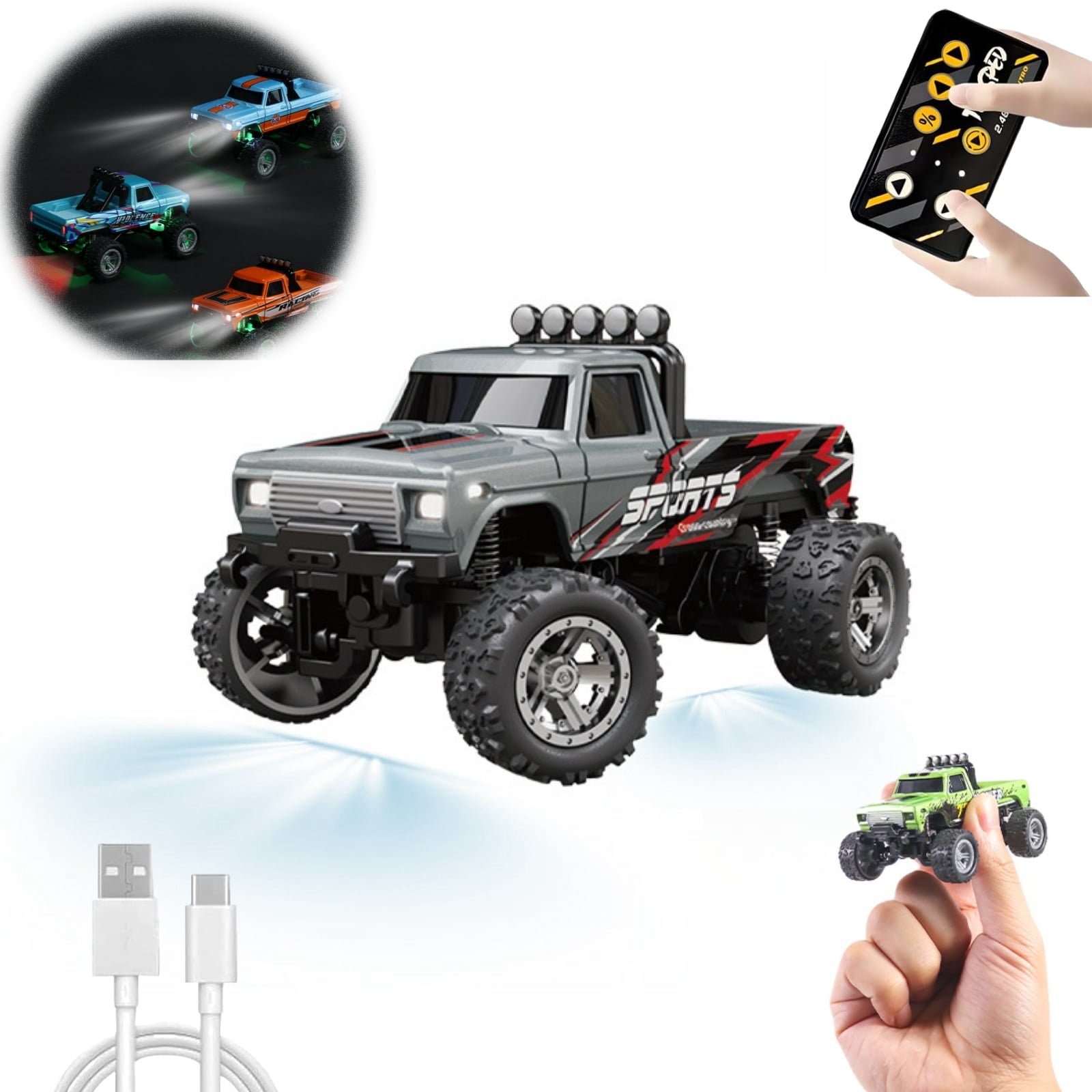 ST SoleMe.Tc Mini RC Truck, Mini Rc Monster Truck, 1/64 Scale Monster Truck Remote Control Car,&nbsp; 2.4Ghz All Terrain Off-Road Monster Truck with LED Bodylight, Type-c USB Rechargeable, Gray