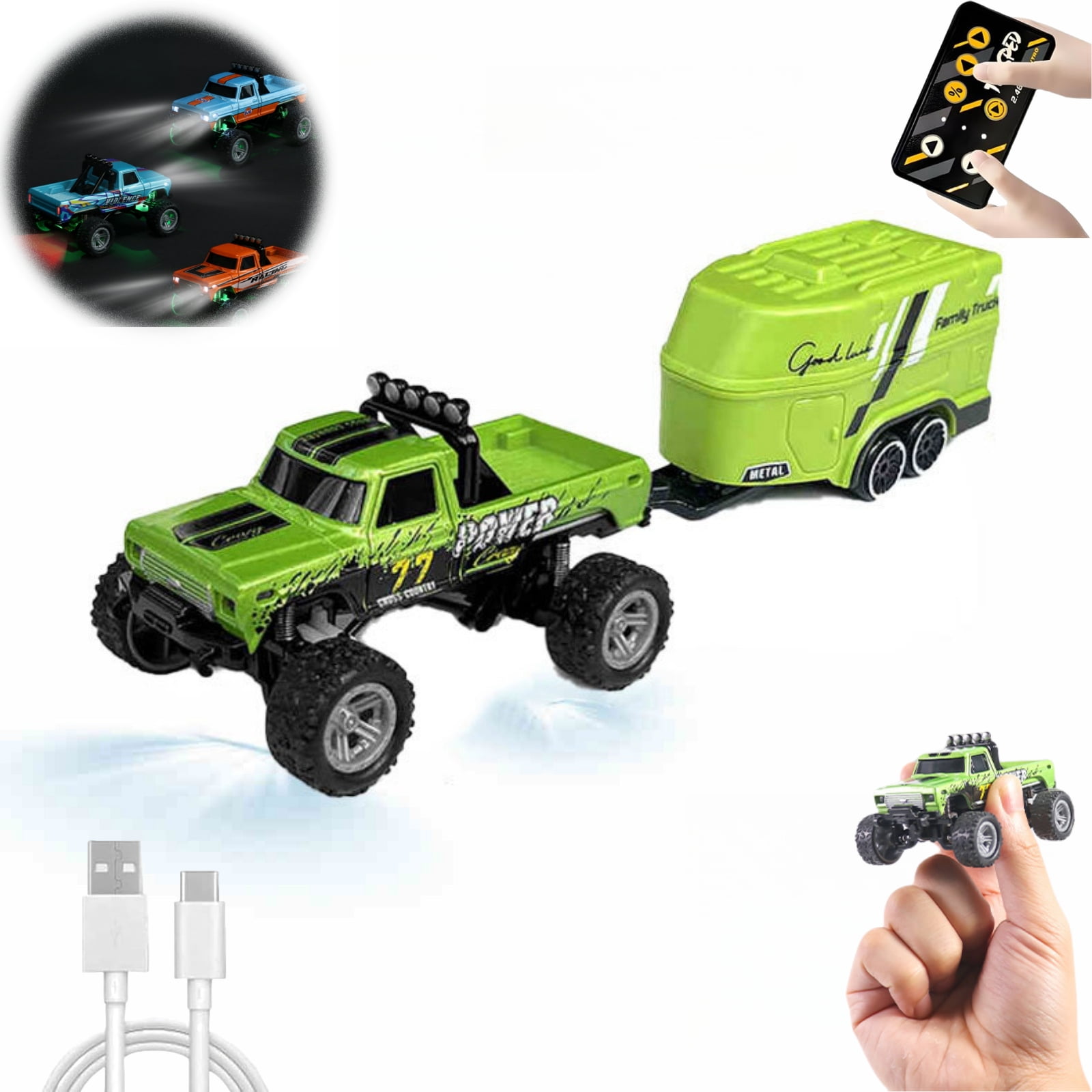 ST SoleMe.Tc Mini RC Truck with Trailer, Mini Rc Monster Truck, 1/64 Scale Monster Truck Remote Control Car,&nbsp; 2.4Ghz All Terrain Off-Road Monster Truck with LED Bodylight, Green