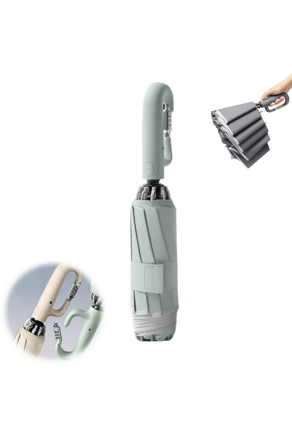 Ring Buckle Umbrella with Reflective Safety Strip and Password Lock Windproof and Waterproof Inverted Umbrella Reverse Folding Design Travel Essentials, Green