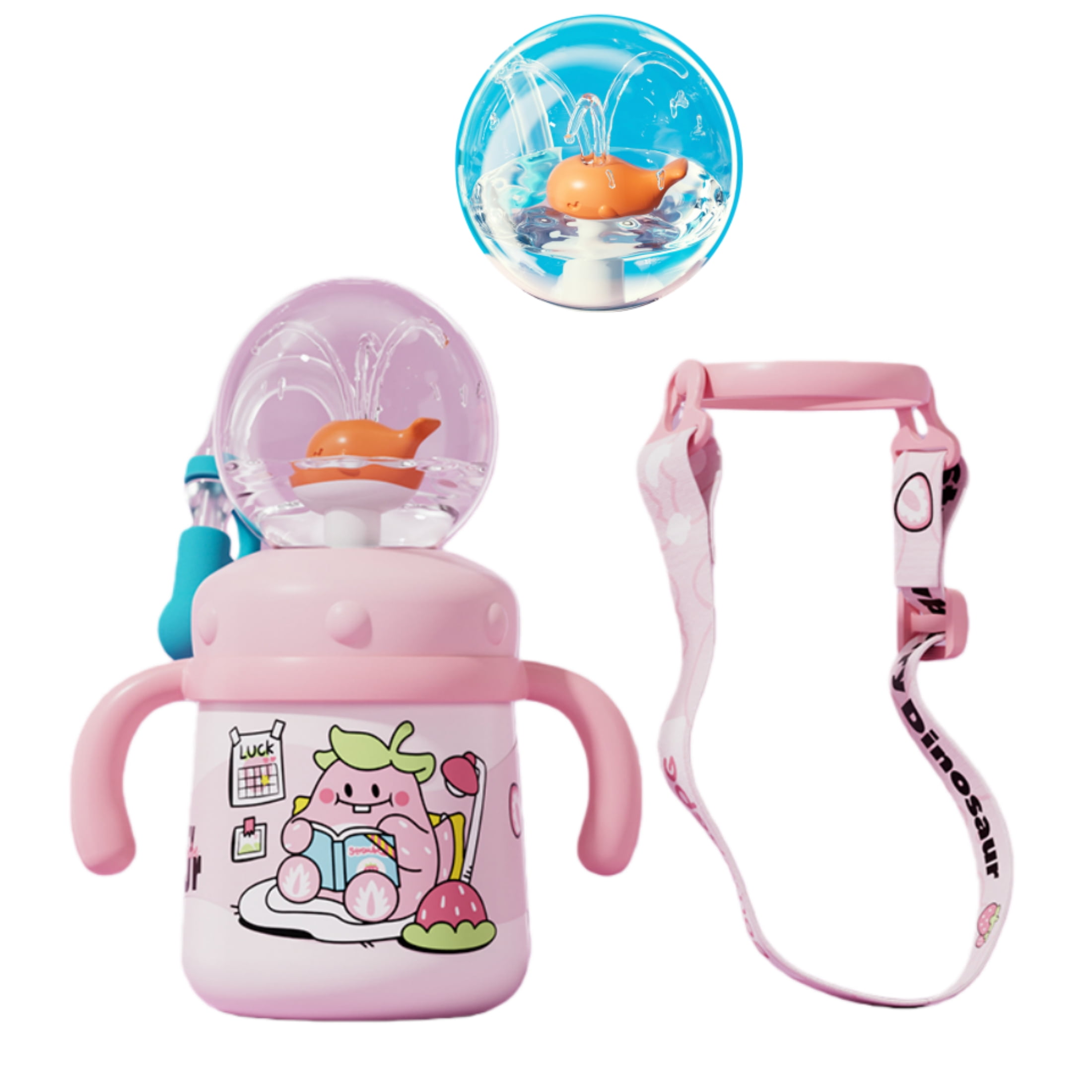 ST SoleMe.Tc Stainless Steel Whale Fountain Tumbler Sippy Cup with Straw, 11oz/330ml 360 Squirting, Spill Proof Weighted Water Bottle with Handles Adjustable Strap for Toddlers, Pink