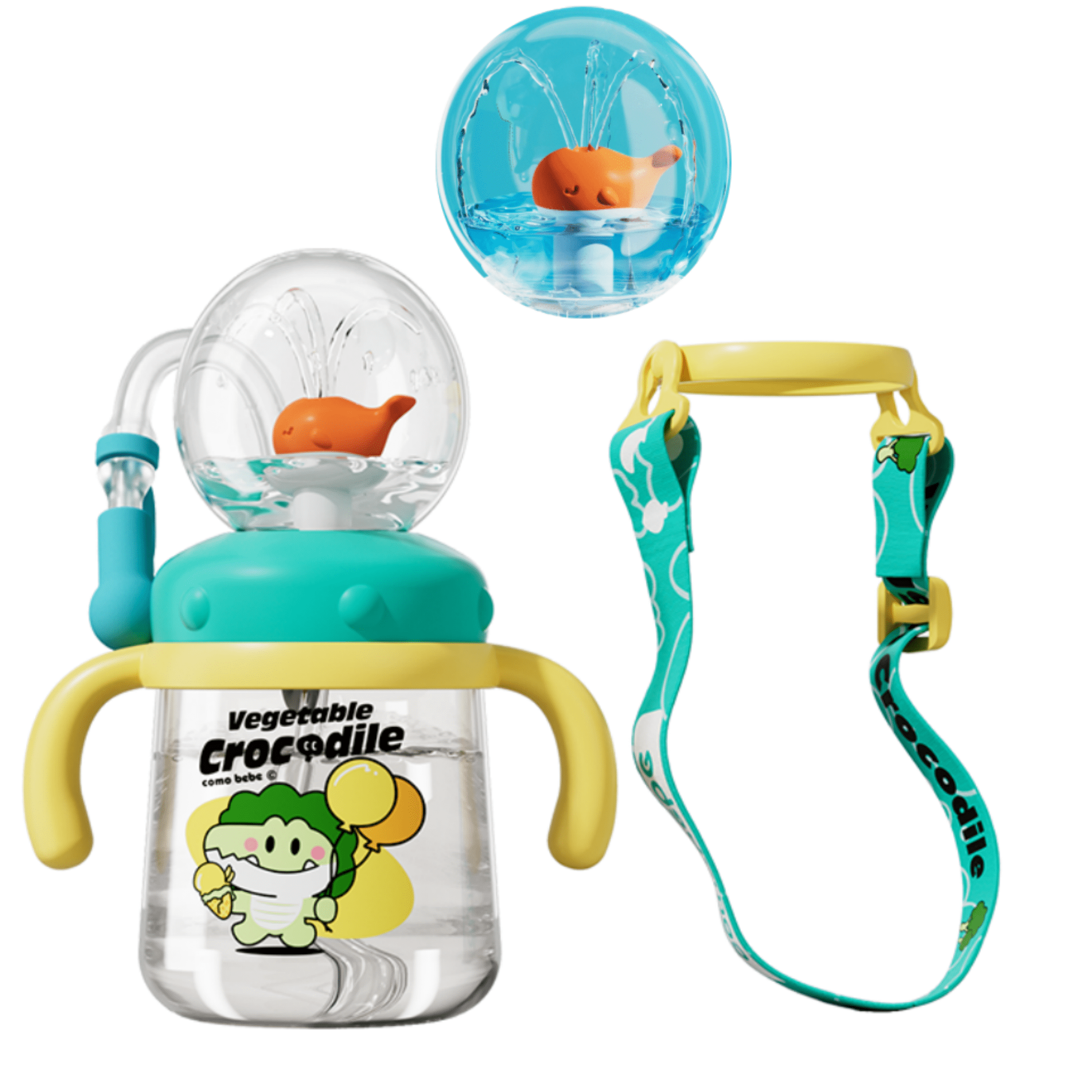 ST SoleMe.Tc Whale Fountain Sippy Cup with Straw, 10oz/300ml 360 Squirting, Spill Proof Weighted Water Bottle with Handles Adjustable Strap for Toddlers, Green