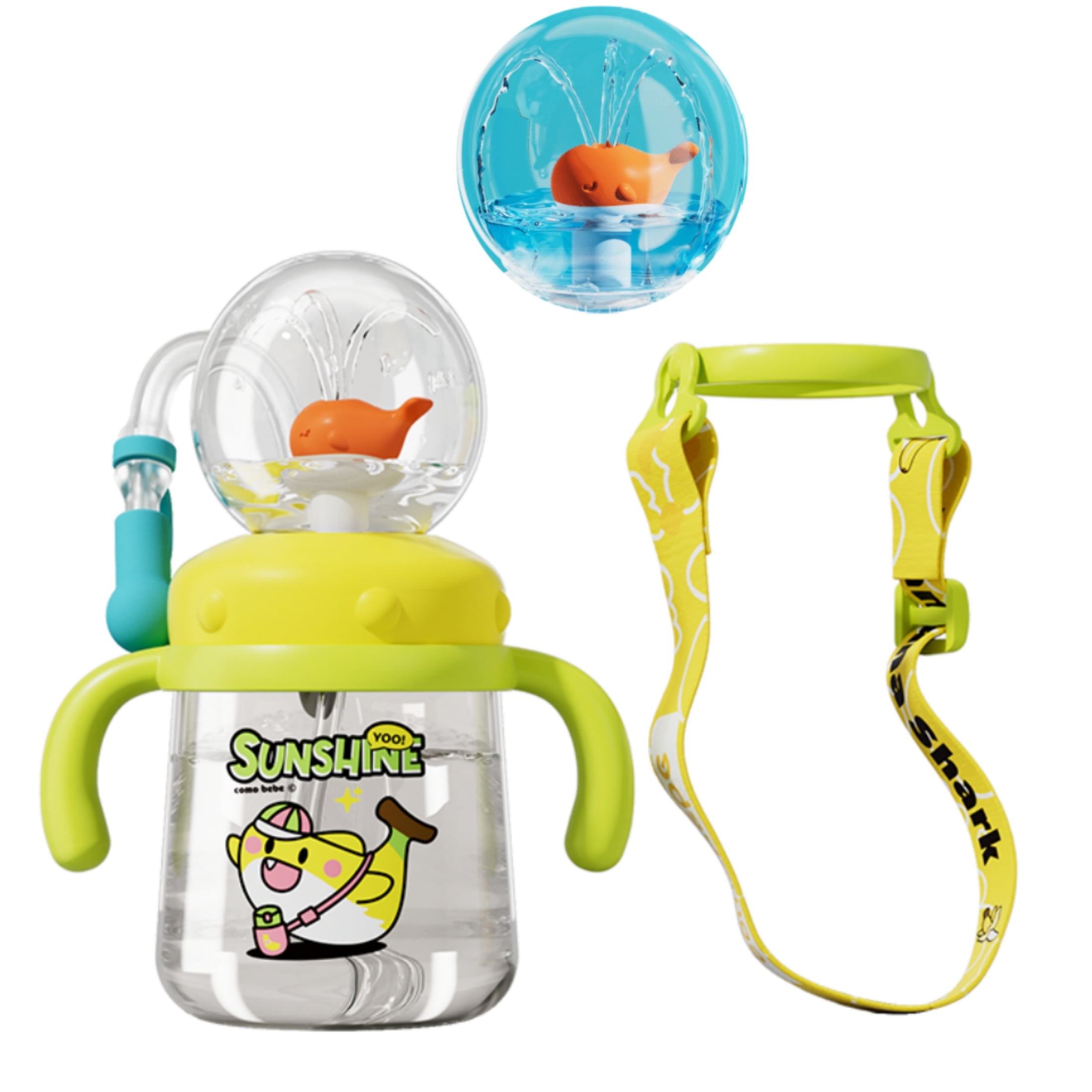 ST SoleMe.Tc Whale Fountain Sippy Cup with Straw, 10oz/300ml 360 Squirting, Spill Proof Weighted Water Bottle with Handles Adjustable Strap for Toddlers, Yellow