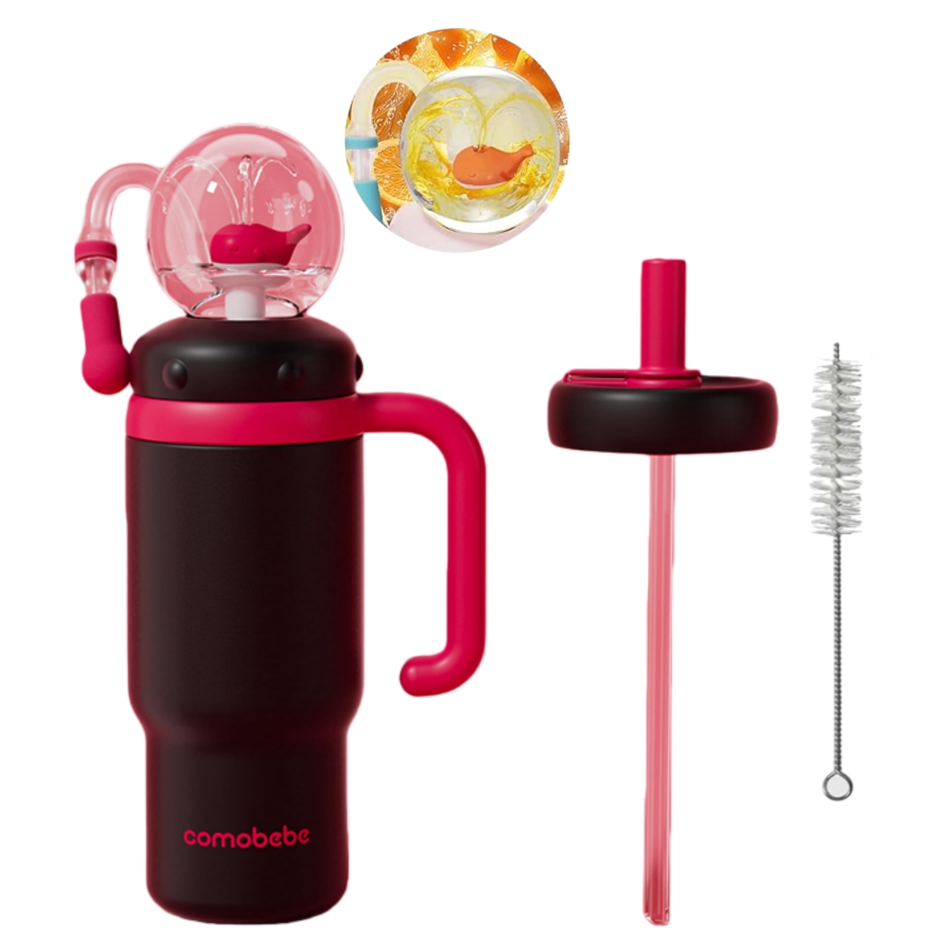ST SoleMe.Tc Whale Fountain Tumbler with Handle for Adults Kids, Two Lids - 24oz Stainless Steel Sippy Cup, Insulated Water Bottle with Silicone Straw, Leak-Proof, Black