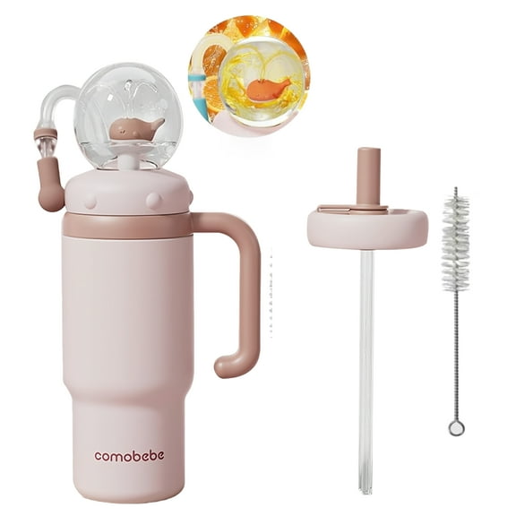 ST SoleMe.Tc Whale Fountain Tumbler with Handle for Adults Kids, Two Lids - 24oz Stainless Steel Sippy Cup, Insulated Water Bottle with Silicone Straw, Leak-Proof, Rose Quartz