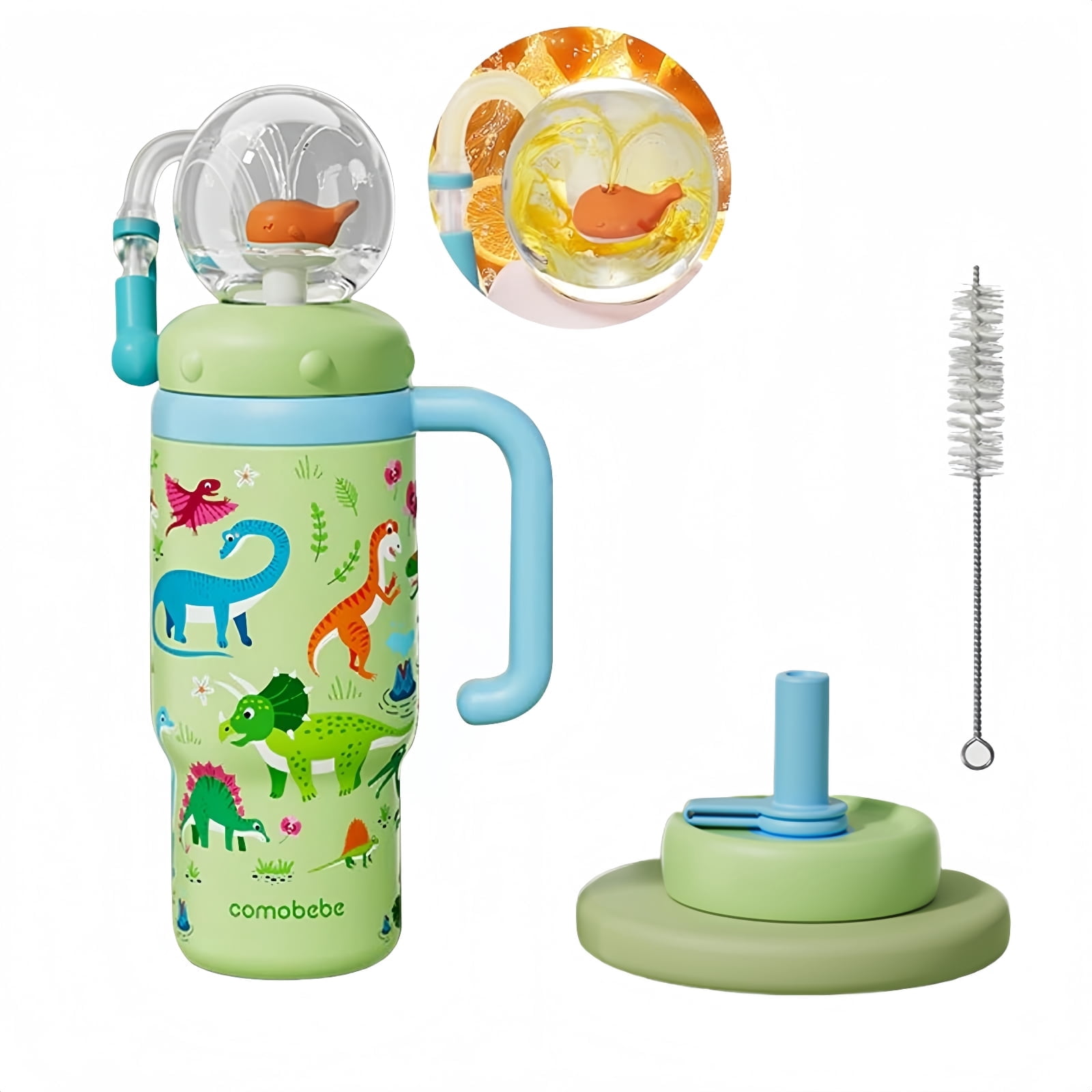ST SoleMe.Tc Whale Fountain Tumbler with Handle, Two Lids - 24oz Stainless Steel Cute Adult Sippy Cup, Leak-Proof, Green with Pattern