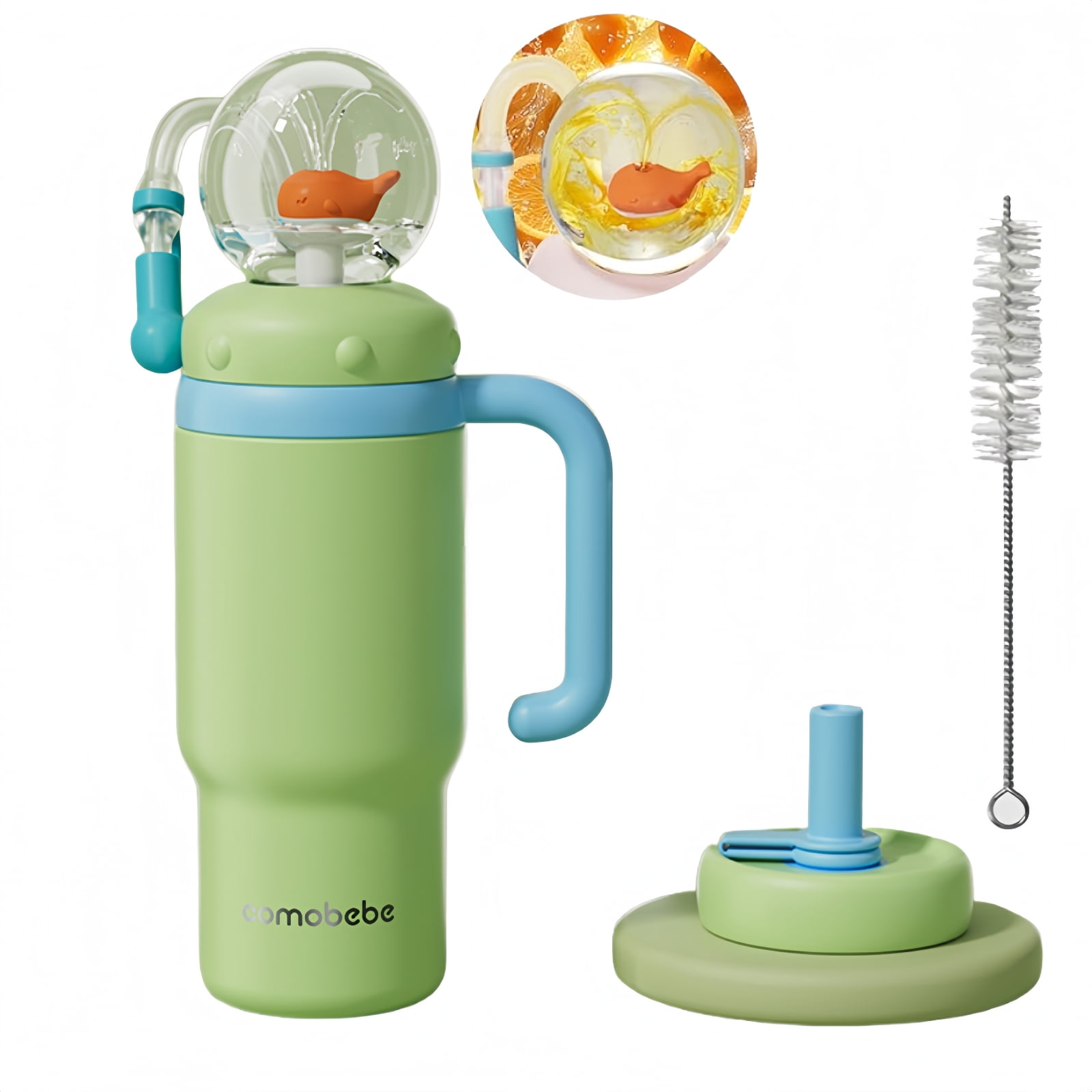 ST SoleMe.Tc Whale Fountain Tumbler with Handle, Two Lids - 24oz Stainless Steel Cute Adult Sippy Cup, Leak-Proof, Green