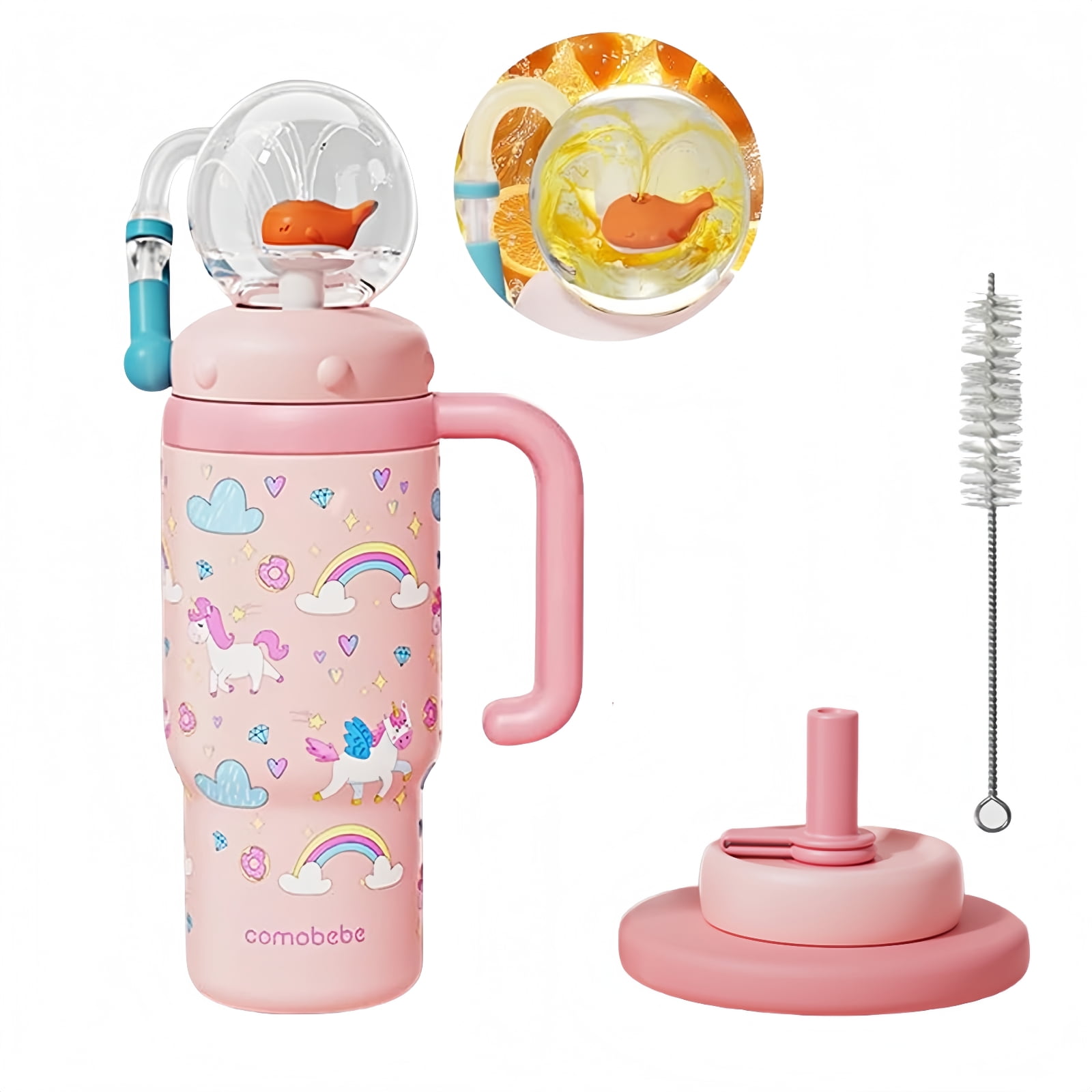 ST SoleMe.Tc Whale Fountain Tumbler with Handle Two Lids– 24oz Stainless Steel Cute Adult Sippy Cup, Leak-Proof, Pincke with Pattern