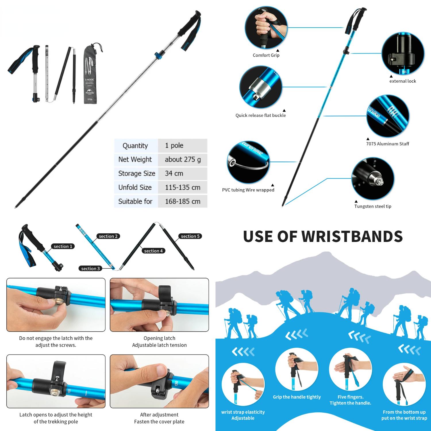 ST09 7075 aluminum alloy trekking poles threesection folding trekking poles hiking and climbing
