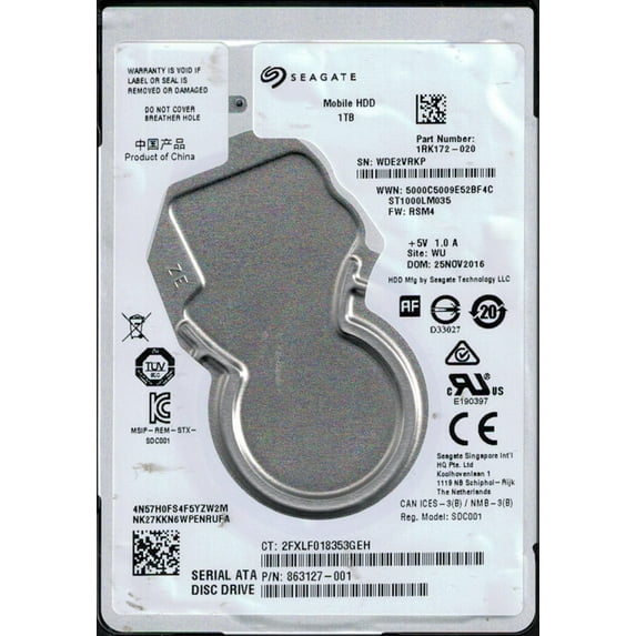 ST1000LM035 P/N: 1RK172-020 F/W: RSM4 WU WDE Seagate 1TB Mobile HDD