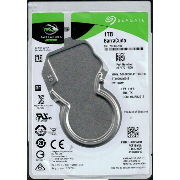 ST1000LM048 P/N: 2E7172-500 F/W: SDM1 TK ZDE Seagate 1TB