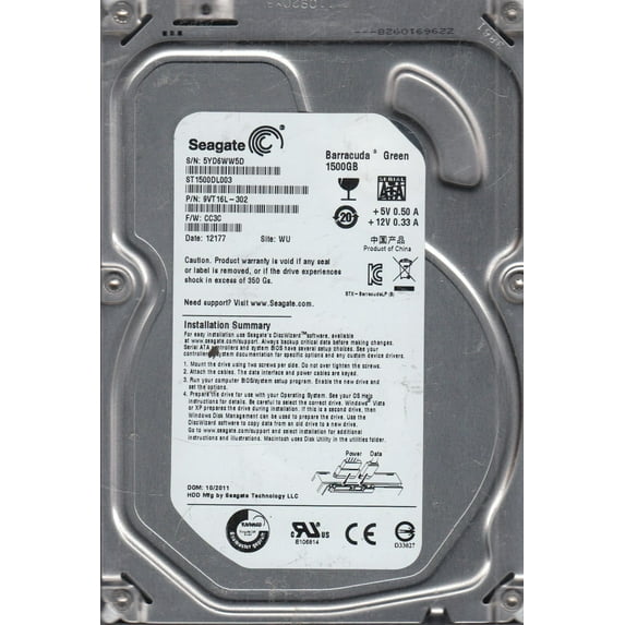 ST1500DL003, 5YD, WU, PN 9VT16L-302, FW CC3C, Seagate 1.5TB SATA 3.5 Hard Drive