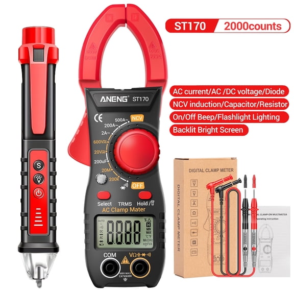 ST170 Digital Clamp Meter Multimeter Tester With Measuring Pen, 2000 Counts NCV Ampere Ohmic Voltage Measurement AC Current, AC/DC Voltage, Capacitance, Resistance, Diode, Continuous Frequency Backli