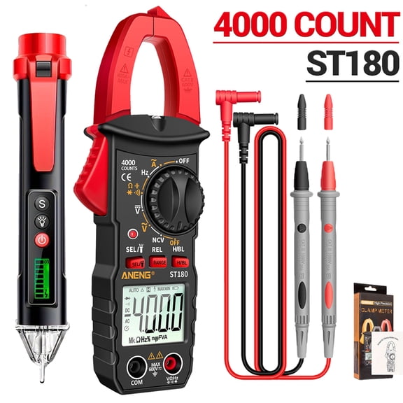 ST180 Digital Clamp Meter Multimeter Tester With Advanced Measuring Pen, 4000 Counts NCV Ampere Ohmic Voltage Measurement AC Current, AC/DC Voltage, Capacitance, Resistance, Diode