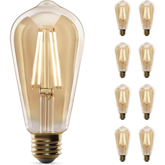ST19 Vintage Edison LED Light Bulb, 60W Equivalent, Dimmable, 2100K Warm Light, 400 Lumens, Straight Filament Amber Glass Light Bulbs, 15,000-Hour Lifetime, ST19/VG/LED/2/4, 8 Pack