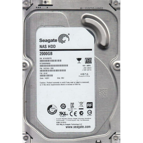 ST2000VN000, W1H, WU, PN 1H3164-500, FW SC42, Seagate 2TB SATA 3.5 Hard Drive