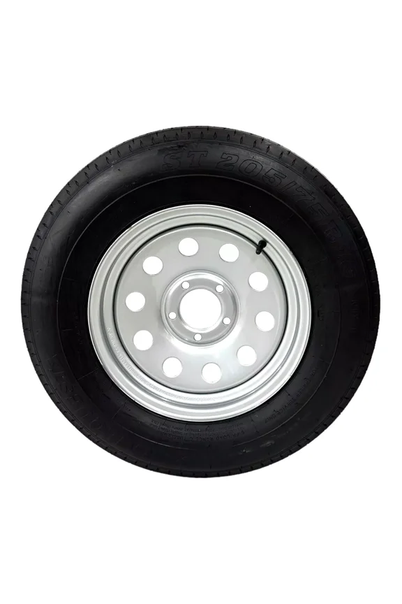 ST205/75R15 TRAILQUEST RADIAL TRAILER TIRE ON RIM, LOAD RANGE C 6 PLY, ON 5 LUG SILVER MODULAR STYLE WHEEL WITH 5X4.5" BOLT PATTERN. REPLACES F78 OR D15 - INCLUDES WARRANTY