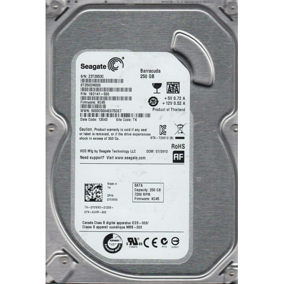 ST250DM000, Z3T, TK, PN 1BD141-500, FW KC45, Seagate 250GB SATA 3.5 Hard Drive