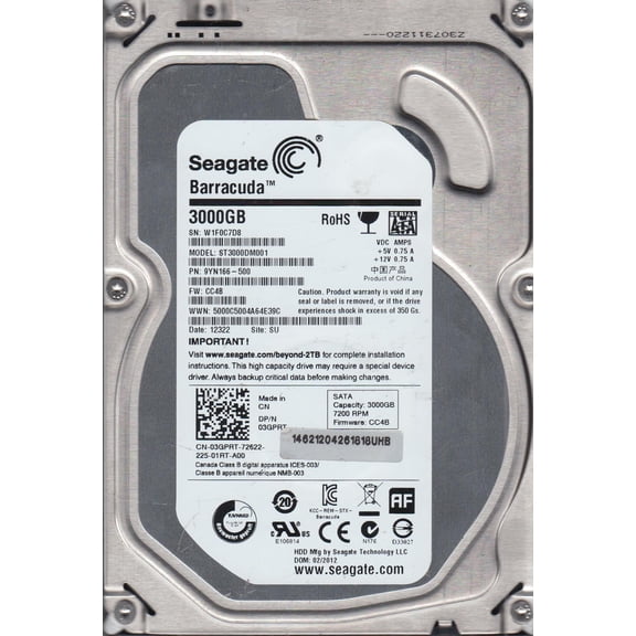 ST3000DM001, W1F, SU, PN 9YN166-500, FW CC4B, Seagate 3TB SATA 3.5 Hard Drive