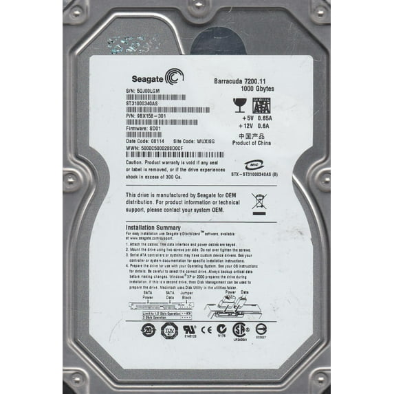ST31000340AS, 5QJ, WUXISG, PN 9BX158-301, FW SD01, Seagate 1TB SATA 3.5 Hard Drive