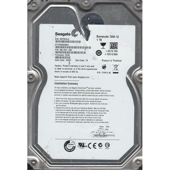 ST31000528AS, 9VP, TK, PN 9SL154-336, FW CC38, Seagate 1TB SATA 3.5 Hard Drive