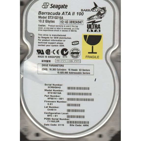 ST310216A, 3CM, AMK, PN 9P3014-001, FW 3.01, Seagate 10.2GB IDE 3.5 Hard Drive