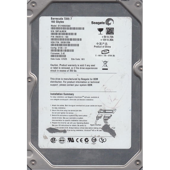 ST3160023AS, 5MT, WU, PN 9W2814-160, FW 3.42, Seagate 160GB SATA 3.5 Hard Drive
