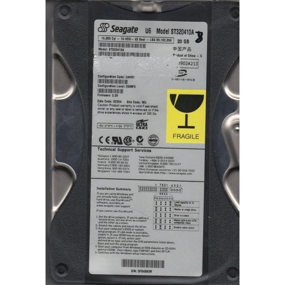 ST320410A, 5FB, WU, PN 9T7001-332, FW 3.39, Seagate 20GB IDE 3.5 Hard Drive