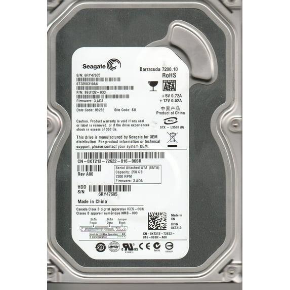 ST3250310AS, 6RY, SU, PN 9EU132-033, FW 3.ADA, Seagate 250GB SATA 3.5 Hard Drive