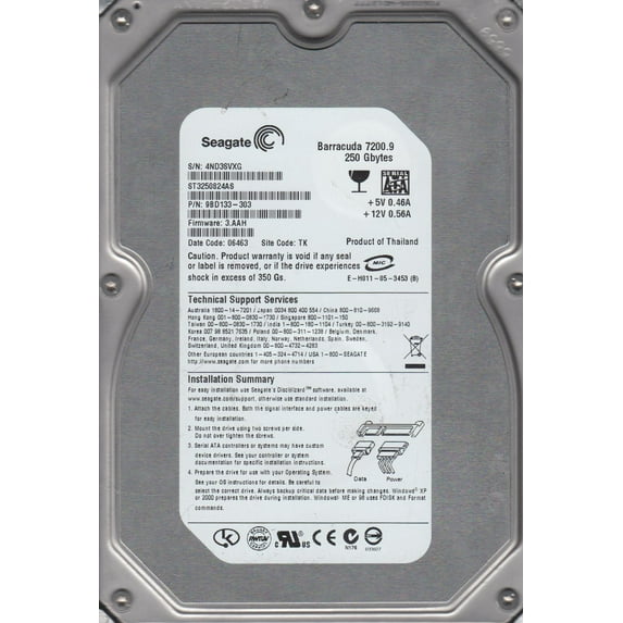 ST3250824AS, 4ND, TK, PN 9BD133-303, FW 3.AAH, Seagate 250GB SATA 3.5 Hard Drive
