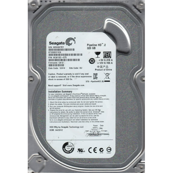 ST3320311CS, 6VV, SU, PN 9GW13C-075, FW CA12, Seagate 320GB SATA 3.5 Hard Drive