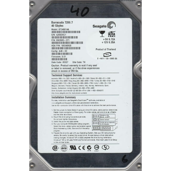 ST340014A, 4JX, TK, PN 9W2005-371, FW 8.01, Seagate 40GB IDE 3.5 Hard Drive