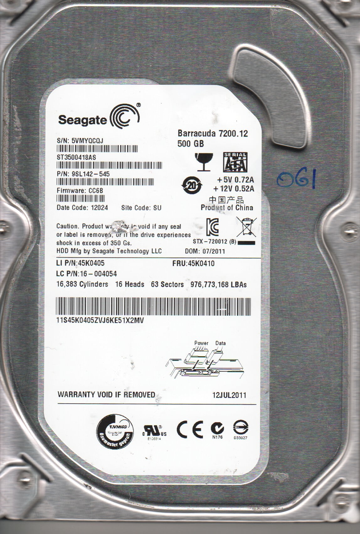ST3500418AS, 5VM, SU, PN 9SL142-545, FW CC6B, Seagate 500GB SATA 3.5 Hard Drive