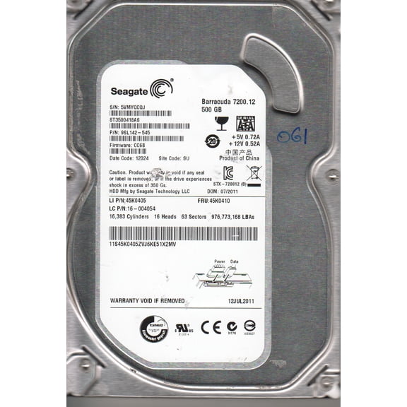 ST3500418AS, 5VM, SU, PN 9SL142-545, FW CC6B, Seagate 500GB SATA 3.5 Hard Drive
