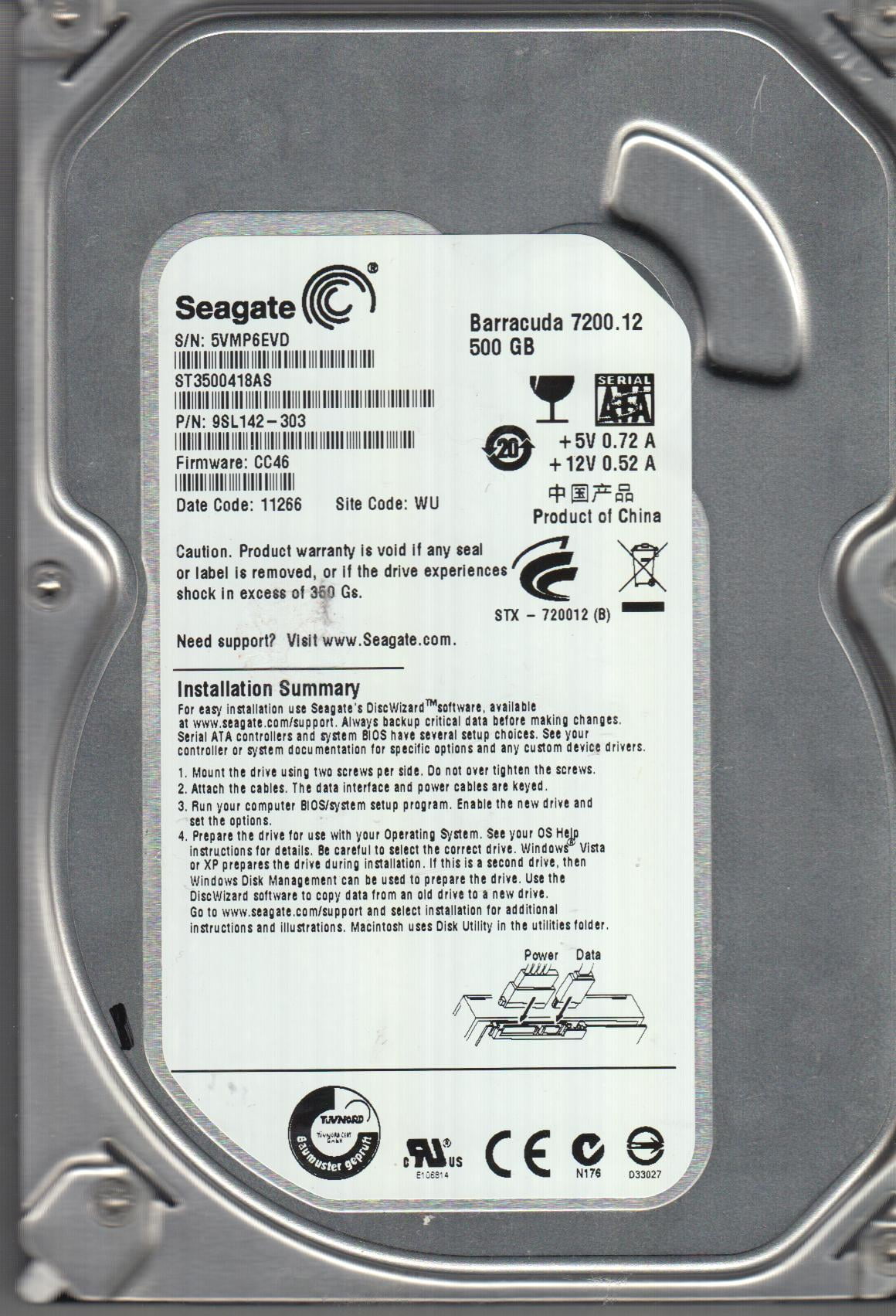 ST3500418AS, 5VM, WU, PN 9SL142-303, FW CC46, Seagate 500GB SATA 3.5 Hard Drive