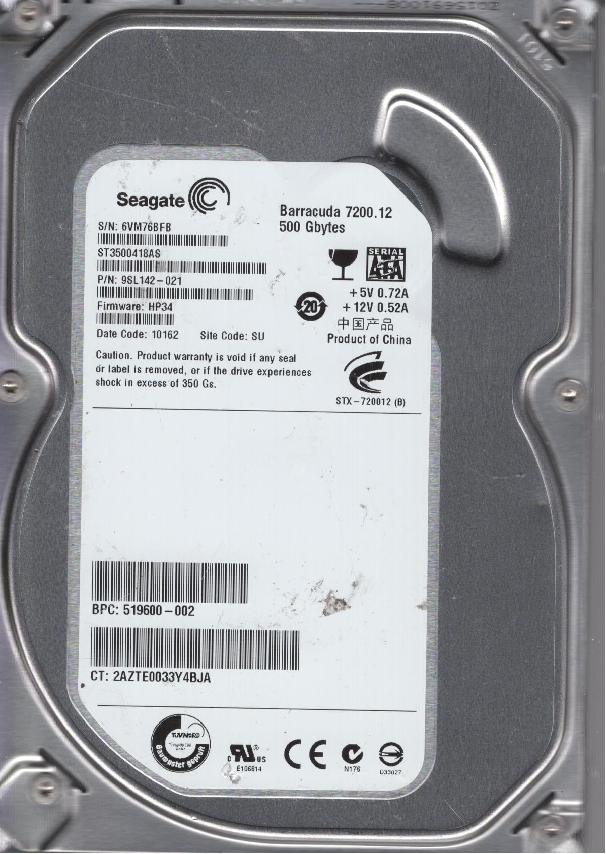ST3500418AS, 6VM, SU, PN 9SL142-021, FW HP34, Seagate 500GB SATA 3.5 Hard Drive