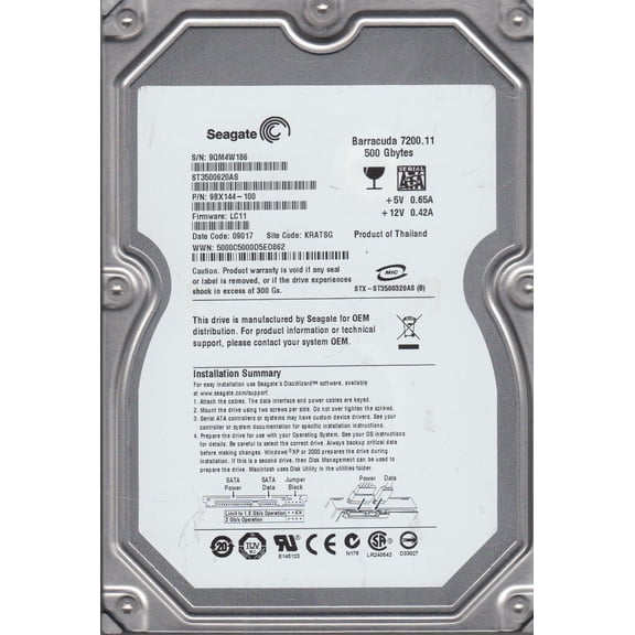 ST3500620AS, 9QM, KRATSG, PN 9BX144-100, FW LC11, Seagate 500GB SATA 3.5 Hard Drive