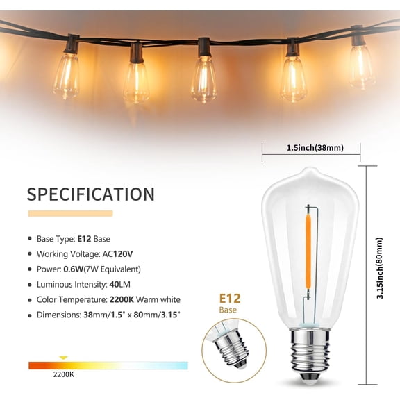 ST38 Replacement LED Light Bulbs, Shatterproof & Waterproof 0.6W ST38 LED Bulbs, Outdoor String Lights, E12 Base Patio Edison LED Light Bulbs, Warm White 2200K Plastic 40LM Non-Dimmable 25 Pack