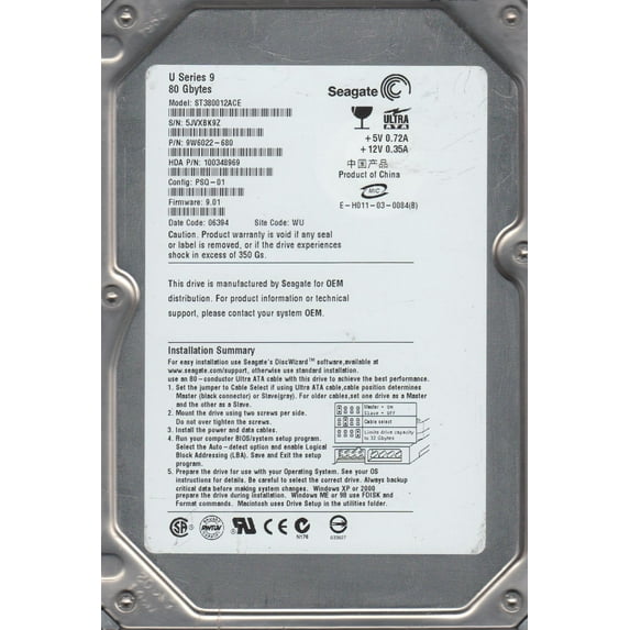 ST380012ACE, 5JV, WU, PN 9W6022-680, FW 9.01, Seagate 80GB IDE 3.5 Hard Drive