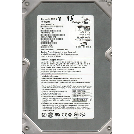 ST380013A, 3JT, AMK, PN 9W2082-306, FW 3.54, Seagate 80GB IDE 3.5 Hard Drive