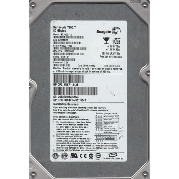 ST380023A, 3KB, AMK, PN 9W4002-030, FW 3.33, Seagate 80GB IDE 3.5 Hard Drive