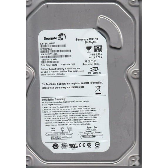 ST380815AS, 5RA, WU, PN 9CY131-305, FW 3.AAD, Seagate 80GB SATA 3.5 Hard Drive