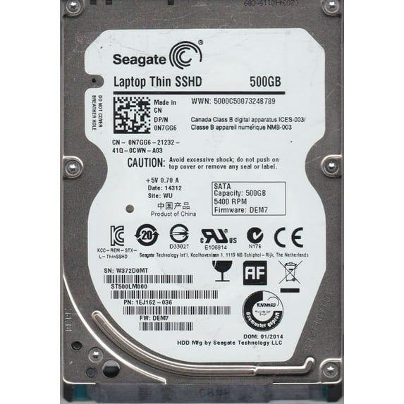 ST500LM000, W37, WU, PN 1EJ162-036, FW DEM7, Seagate 500GB SATA 2.5 Hard Drive