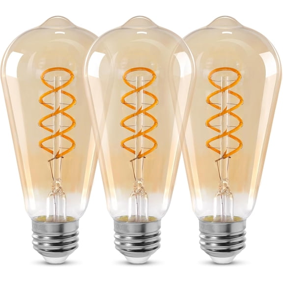 ST64 LED E26 Vintage Edison Light Bulbs, Light Amber Glass, Dimmable, 4W(40W Equivalent) 300 Lumens, 2500K Warm White, Spiral Filaments Design, Antique Style, 25000 Hrs, 3-Pack