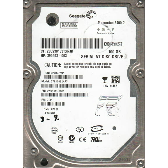 ST9100824AS, 5PL, WU, PN 9W3139-022, FW 7.24, Seagate 100GB SATA 2.5 Hard Drive