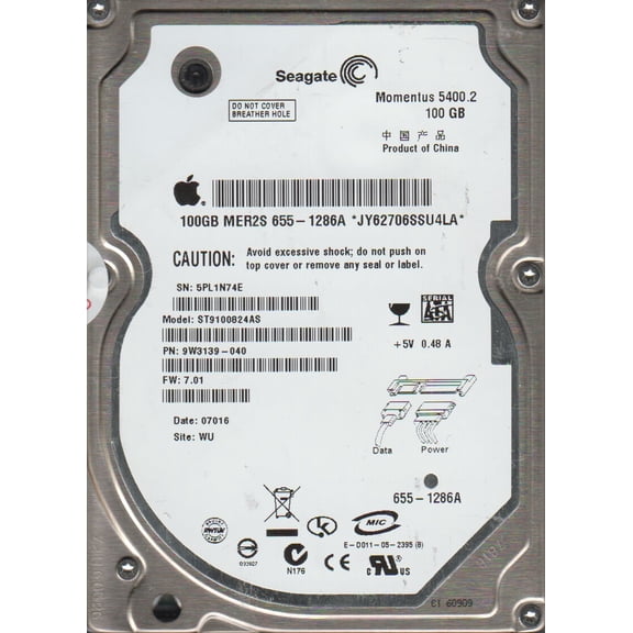 ST9100824AS, 5PL, WU, PN 9W3139-040, FW 7.01, Seagate 100GB SATA 2.5 Hard Drive
