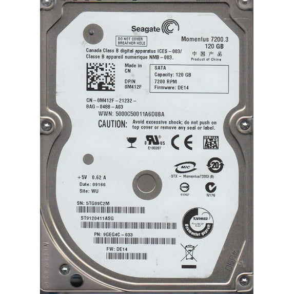 ST9120411ASG, 5TG, WU, PN 9GEG4C-033, FW DE14, Seagate 120GB SATA 2.5 Hard Drive