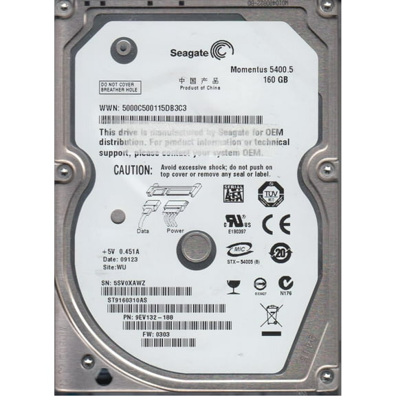 ST9160310AS, 5SV, WU, PN 9EV132-188, FW 0303, Seagate 160GB SATA 2.5 Hard Drive