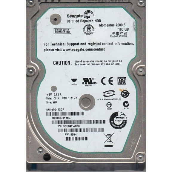 ST9160411ASG, 5TG, WU, PN 9GEG42-300, FW SD14, Seagate 160GB SATA 2.5 Hard Drive