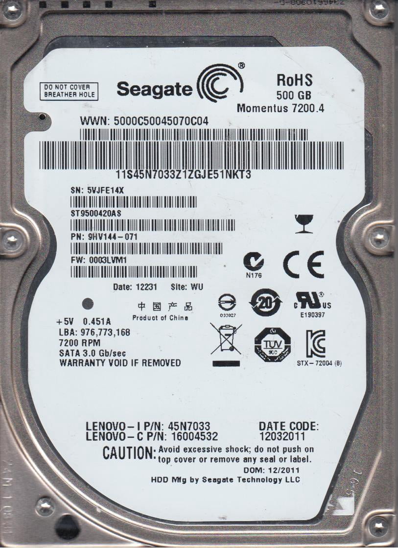 ST9500420AS, 5VJ, WU, PN 9HV144-071, FW 0003LVM1, Seagate 500GB SATA 2.5 Hard Drive