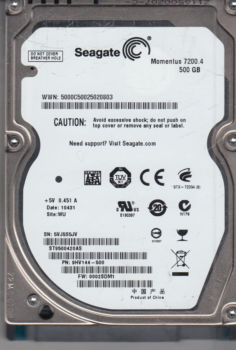 ST9500420AS, 5VJ, WU, PN 9HV144-500, FW 0002SDM1, Seagate 500GB SATA 2.5 Hard Drive